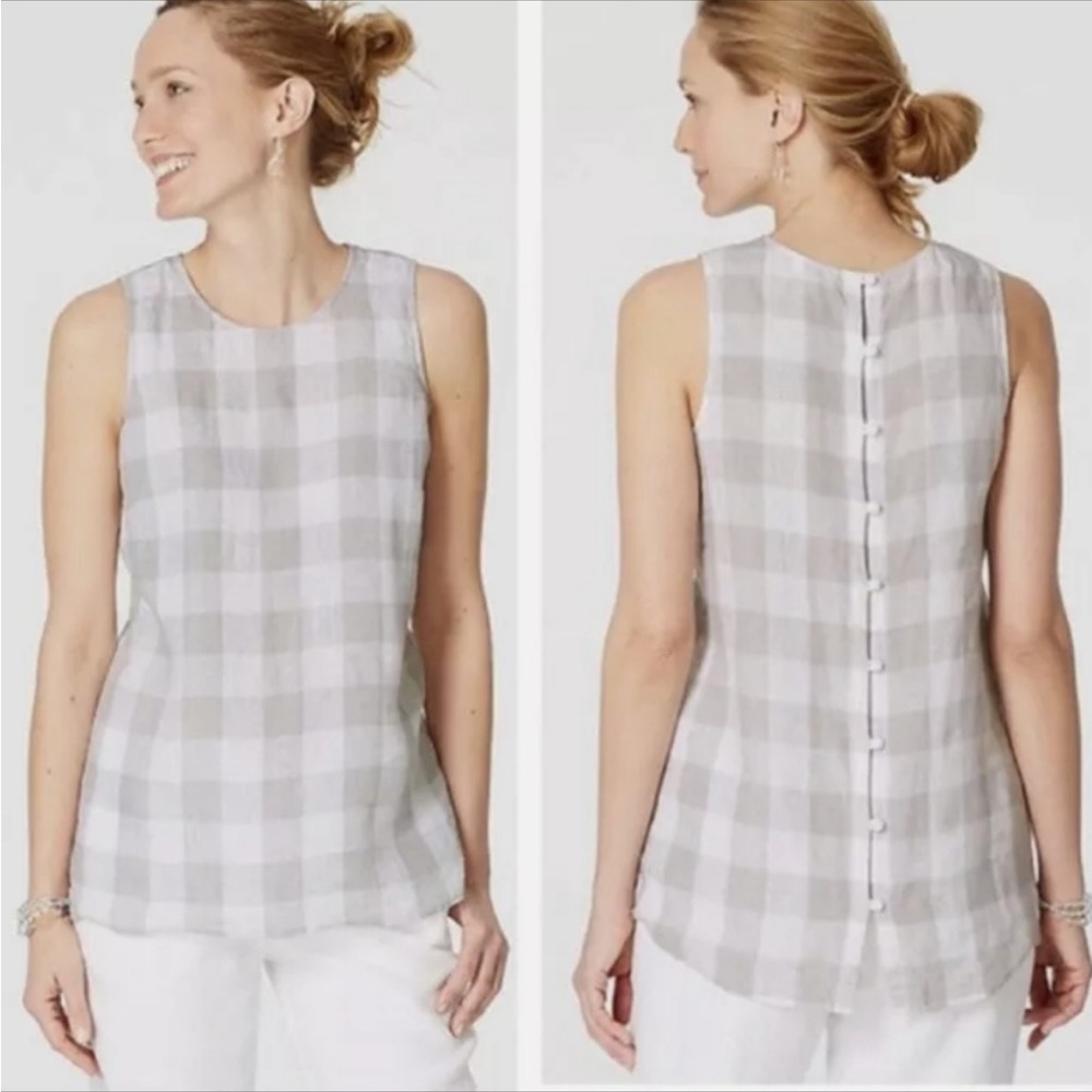 J Jill Women's Sleeveless Love Linen Gray White Buffalo Check Top medium